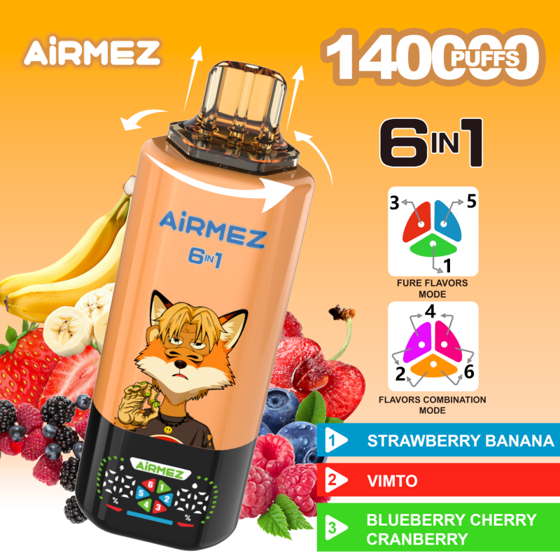 Airmez 140k 6in1-STRAWBERRY BANANA,VIMTO,BLUEBERRY CHERRY CRANBERRY