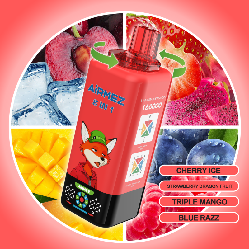 Airmez FOX 160K 8in1-CHERRY ICE ，STRAWBERRY DRAGON FRUIT ，TRIPLE MANGO ，BLUE RAZZ