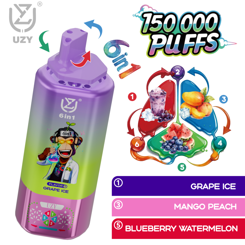 UZY 6 IN 1 150K Züge – Traube Eis Mango Pfirsich Blaubeere Wassermelone
