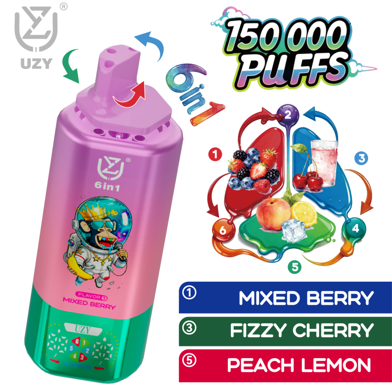 UZY 6 IN 1 150K Züge – Gemischte Beeren Fizzy Kirsche Pfirsich Zitrone