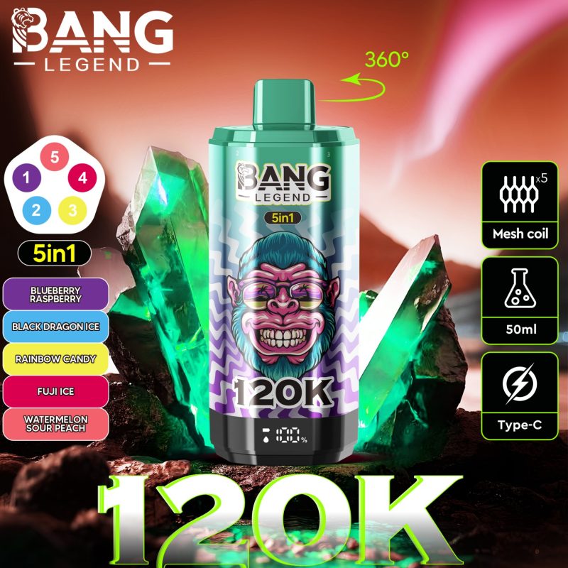 Bang 120000 Züge 5 in 1 Vape-Blaubeere Himbeere-Schwarzes Drachen Eis-Regenbogen Bonbon-Fuji Eis-Wassermelone saurer Pfirsich-Einweg Vape