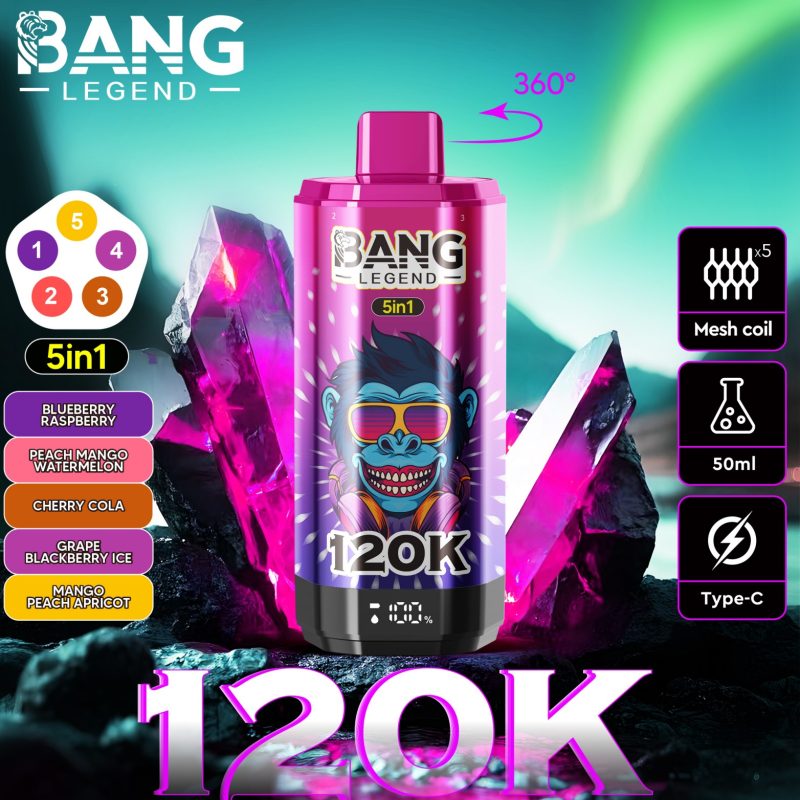 Bang 120000 Züge 5 in 1 Vape-Blaubeere Himbeere-Pfirsich Mango Wassermelone-Kirsche Cola-Traube Brombeere Eis-Mango Pfirsich Aprikose-Einweg Vape
