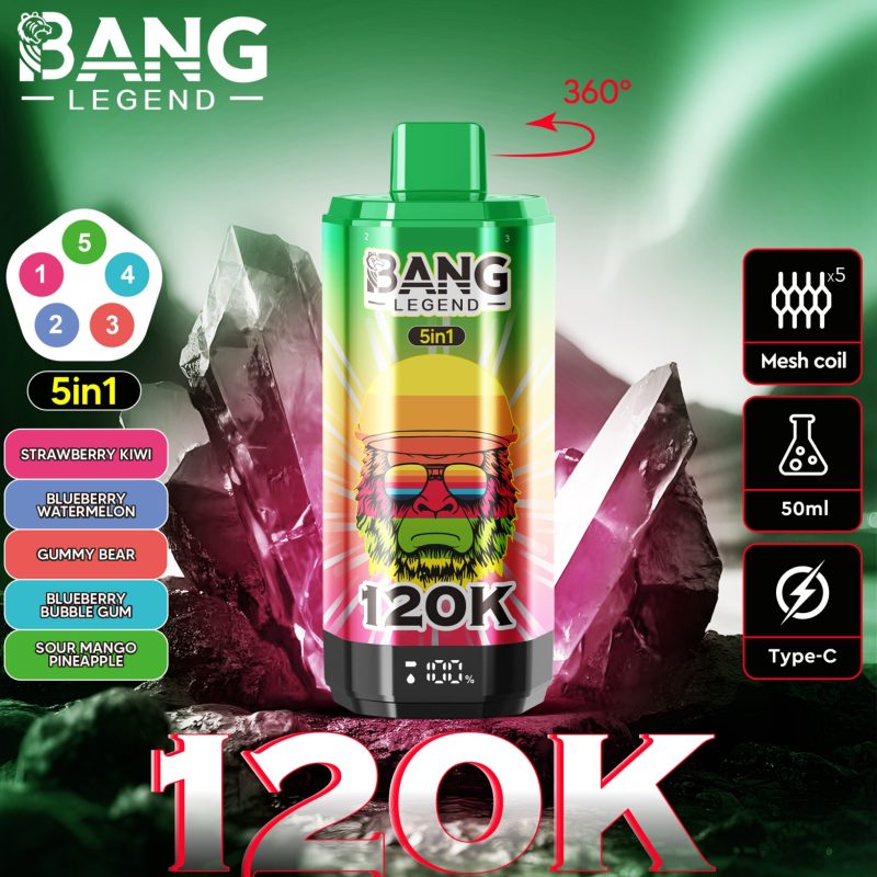 Bang 120000 Züge 5 in 1 Vape-Erdbeere Kiwi-Blaubeere Wassermelone-Gummibär-Blaubeere Kaugummi-Saure Mango Ananas-Einweg Vape