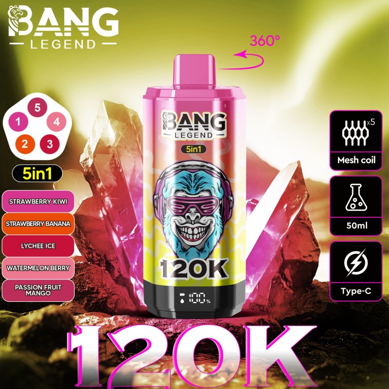 Bang 120000 Züge 5 in 1 Vape-Erdbeere Kiwi-Erdbeere Banane-Litschi Eis-Wassermelone Beere-Passionsfrucht Mango-Einweg Vape