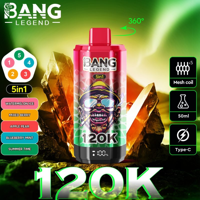 Bang 120000 Züge 5 in 1 Vape-Wassermelone Eis-Gemischte Beeren-Apfel Bär-Blaubeere Minze-Sommerzeit-Einweg Vape