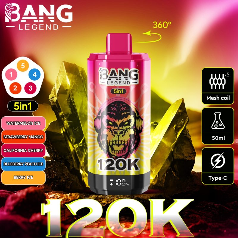 Bang 120000 Züge 5 in 1 Vape-Wassermelone Eis-Erdbeere Mango-Kalifornische Kirsche-Blaubeere Pfirsich Eis-Beeren Eis-Einweg Vape