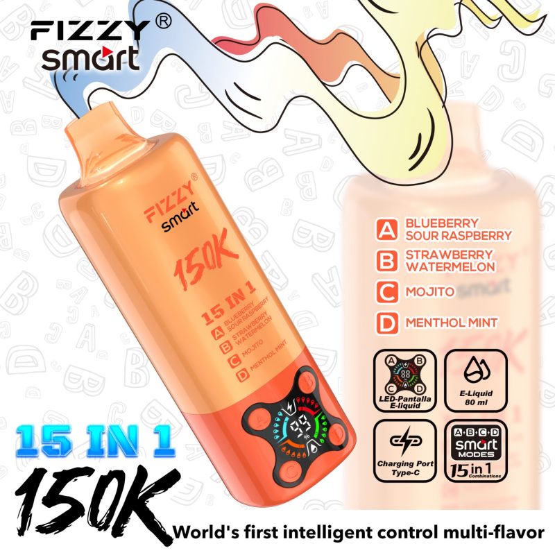 Fizzy SMART 150K PUFF (15 in 1）- Blueberry Sour Raspberry & Strawberry Watermelon & Mojito & Menthol Mint