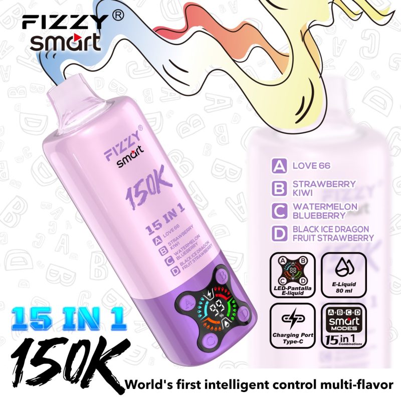 Fizzy SMART 150K PUFF (15 in 1）- Love 66 & Strawberry Kiwi & Watermelon Blueberry & Black Ice Dragon Fruit Strawberry