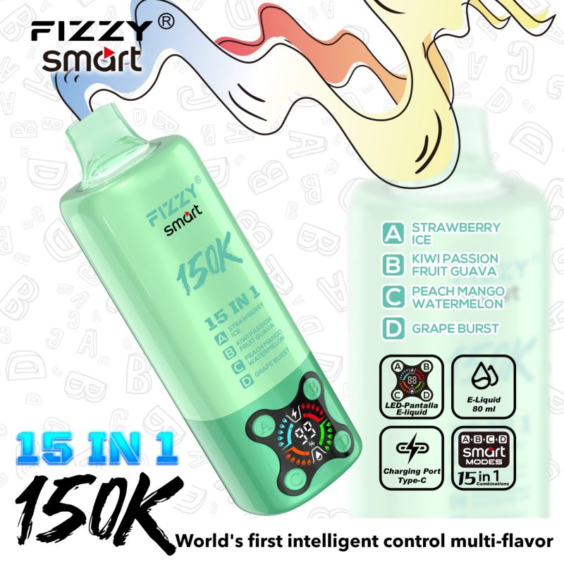 Fizzy SMART 150K PUFF (15 in 1）- Strawberry Ice & Kiwi Passion Fruit Guava & Peach Mango Watermelon & Grape Burst