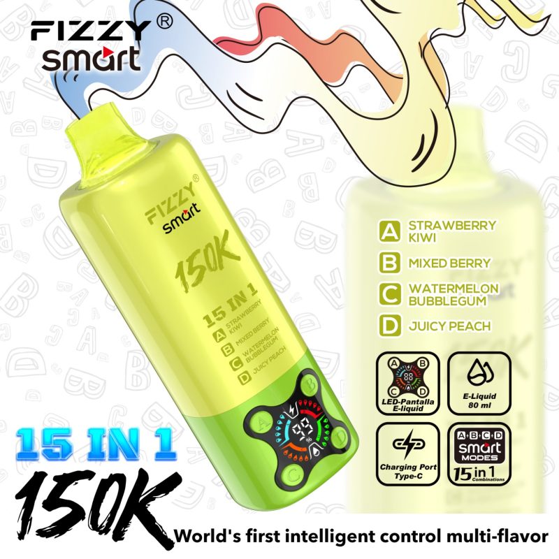 Fizzy SMART 150K PUFF (15 in 1）- Strawberry Kiwi & Mixed Berry & Watermelon Bubblegum & Juicy Peach