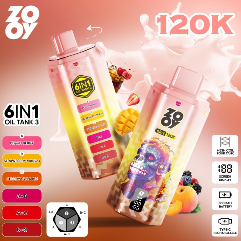 ZOOY 6IN1 120K-Peach berry & Strawberry mango & Cherry Cola ice ZOOY 6IN1 120K-Peach berry & Strawberry mango & Cherry Cola ice