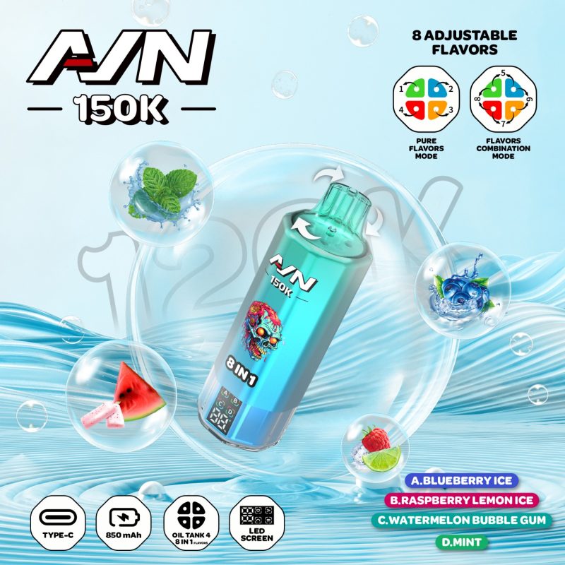 AIVONO AVN 150K PUFFS-Blueberry Ice+Raspberry Lemon Ice+Watermelon Bubblegum+Mint