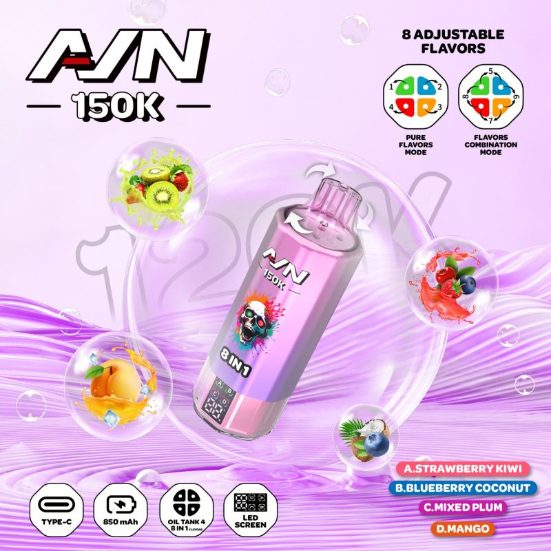 AIVONO AVN 150K PUFFS-Strawberry Kiwi+Blueberry Coconut+Mixed Plum+Mango