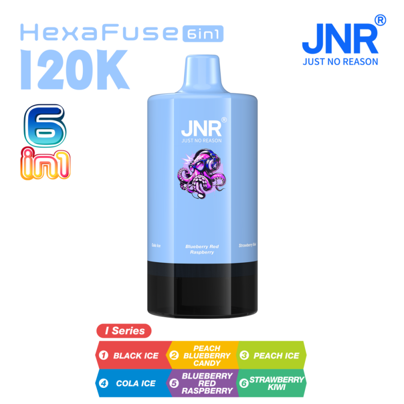 JNR HexaFuse 120K 6in1-Black Ice+Peach Blueberry Candy+Peach Ice+Cola Ice+Blueberry Red Raspberry+Strawberry Kiwi