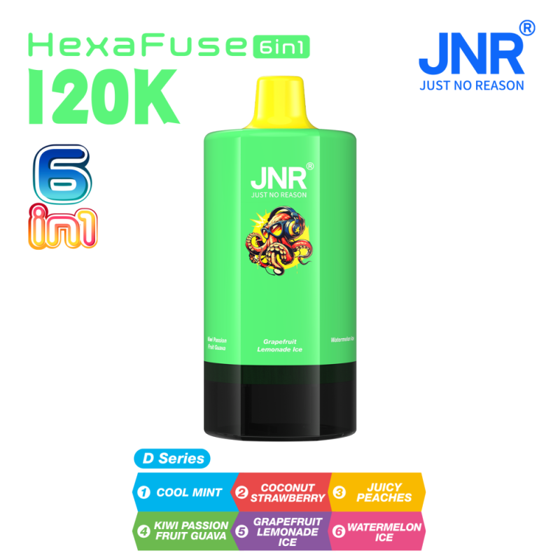 JNR HexaFuse 120K 6in1-Cool Mint+Coconut Strawberry+Juicy Peaches+Kiwi Passion Fruit Guava+Grapefruit Lemonade Ice+Watermelon Ice