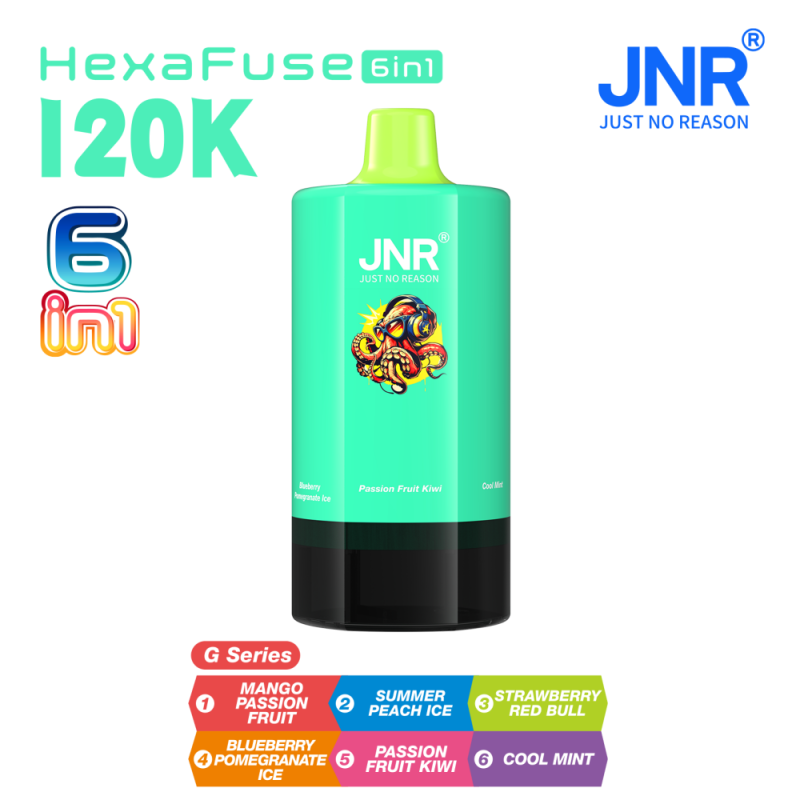 JNR HexaFuse 120K 6in1-Mango Passion Fruit+Summer Peach Ice+Strawberry Red Bull+Blueberry Pomegranate Ice+Passion Fruit Kiwi+Cool Mint