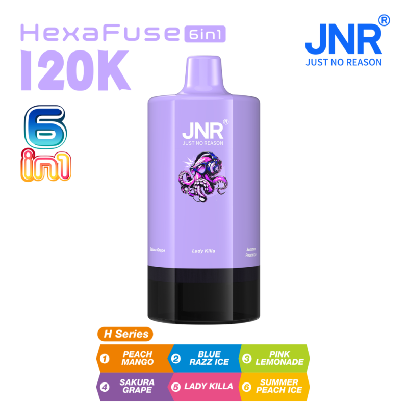 JNR HexaFuse 120K 6in1-Peach Mango+Blue Razz Ice+Pink Lemonade+Sakura Grape+Lady Killa+Summer Peach Ice