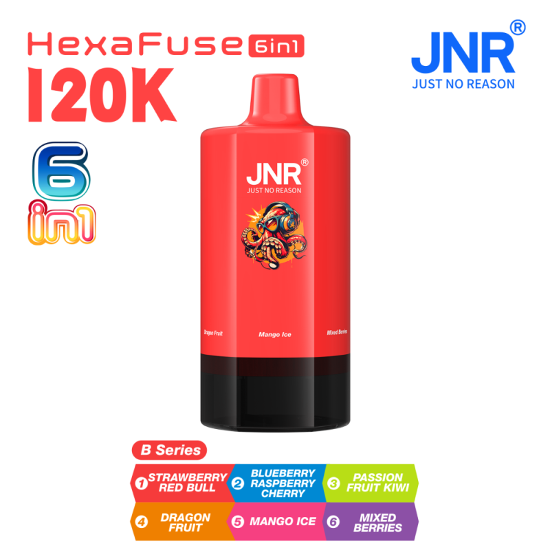 JNR HexaFuse 120K 6in1-Strawberry Red Bull+Blueberry Raspberry Cherry+Passion Fruit Kiwi+Dragon Fruit+Mango Ice+Mixed Berries